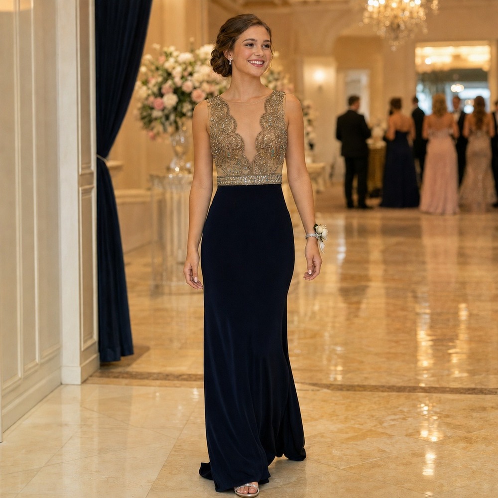 Clarisse Beaded Gown Womens Formal Navy Blue Embellished Prom Formal Dress SZ 00